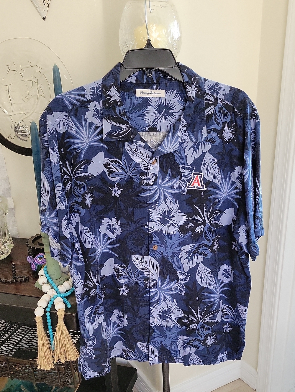 Tommy Bahama Navy and Light Blue Floral Hawaiian Shirt with University 'A' Patch
